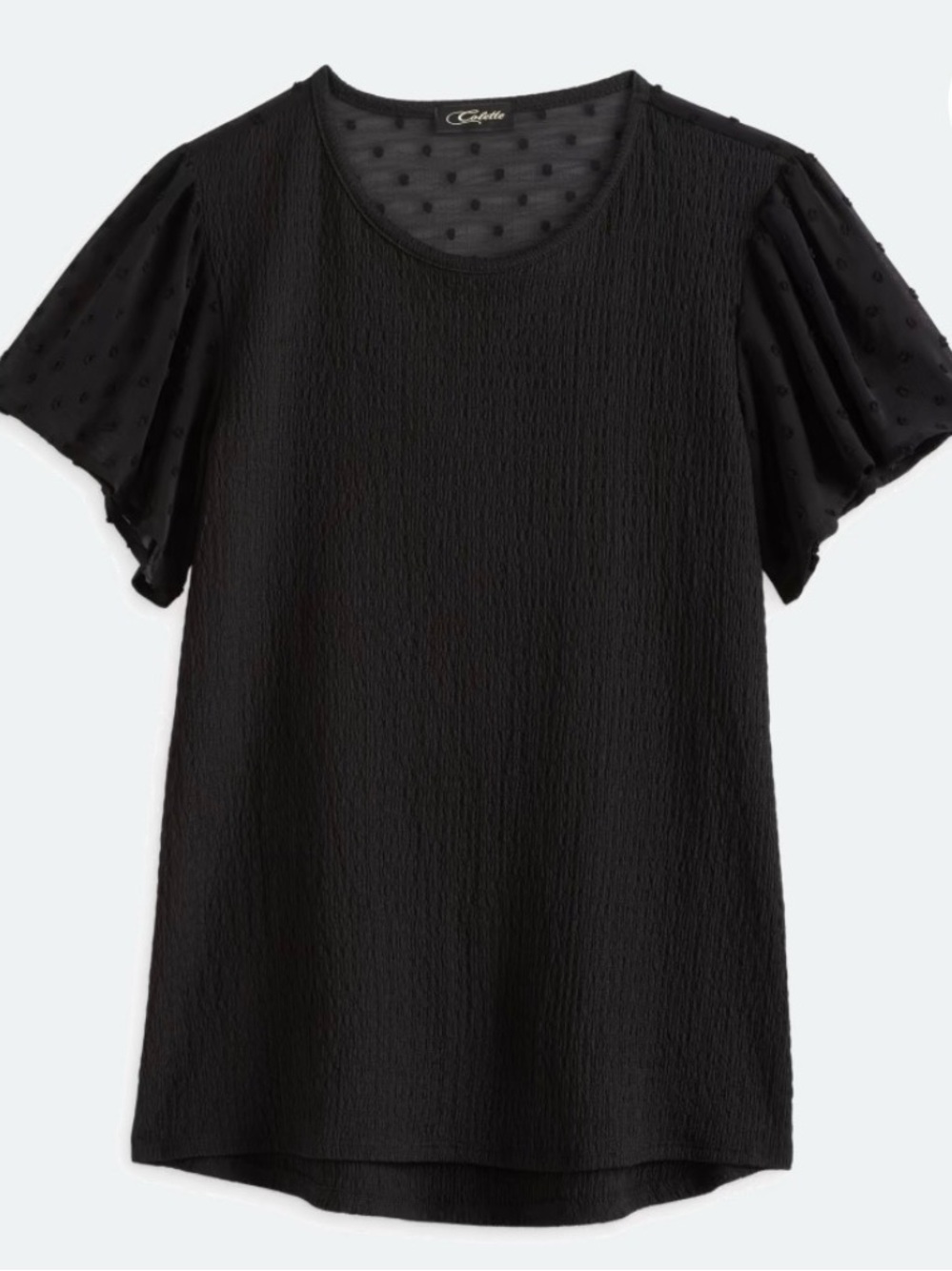Women’s Black Textured Short Sleeve Tee with Dot Chiffon Sleeves